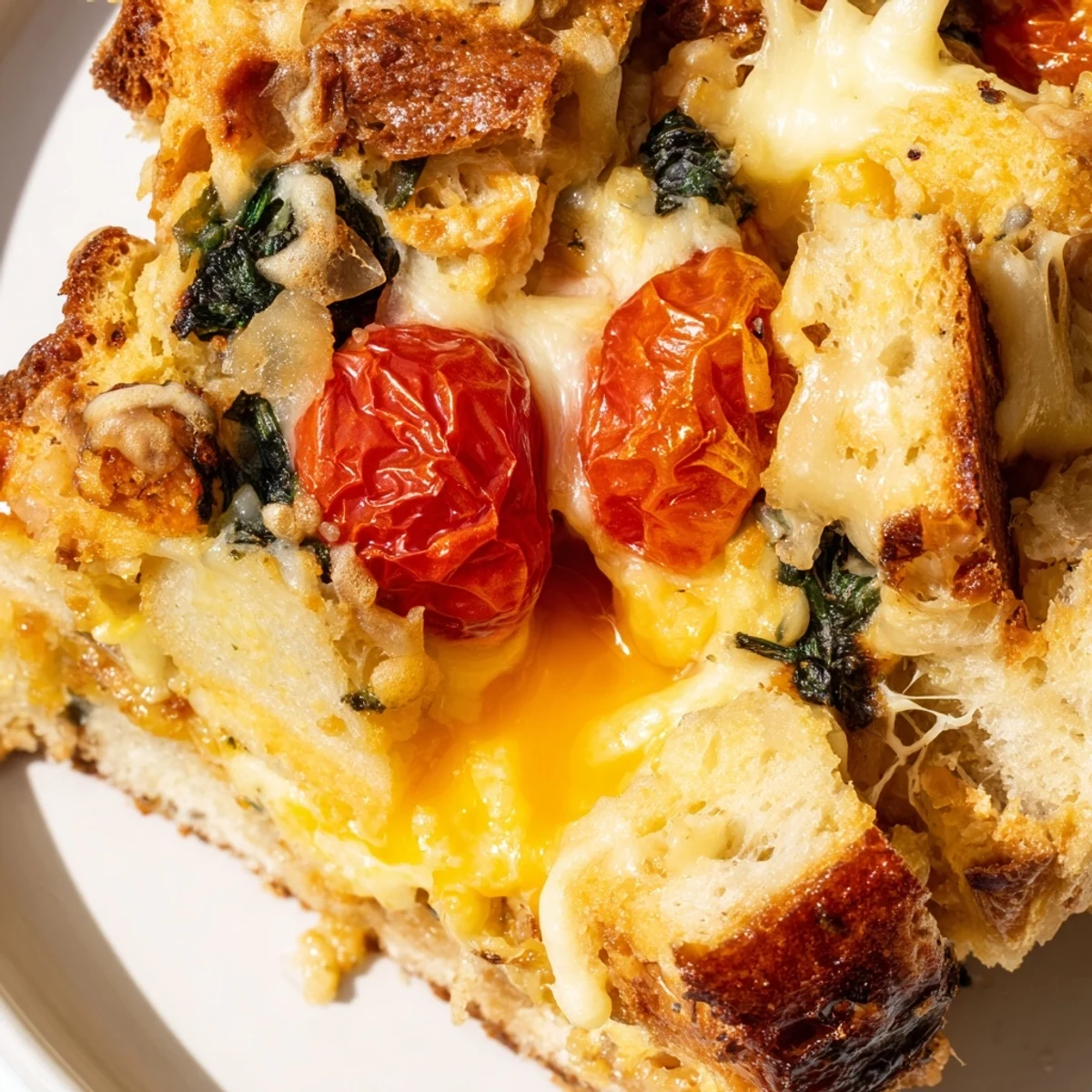 Savory Cheesy Breakfast Strata With Roast Cherry Tomatoes baked golden, served warm with melted cheese and caramelized tomatoes.