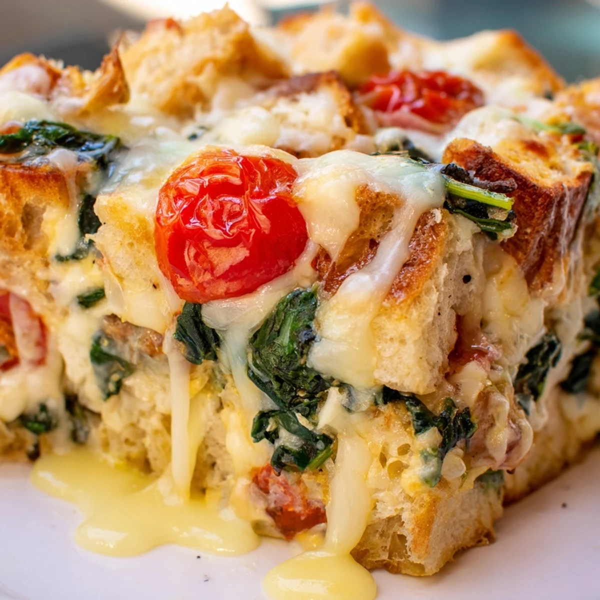 Overhead view of Cheesy Breakfast Strata With Roast Cherry Tomatoes in a white dish, ready for a cozy brunch.