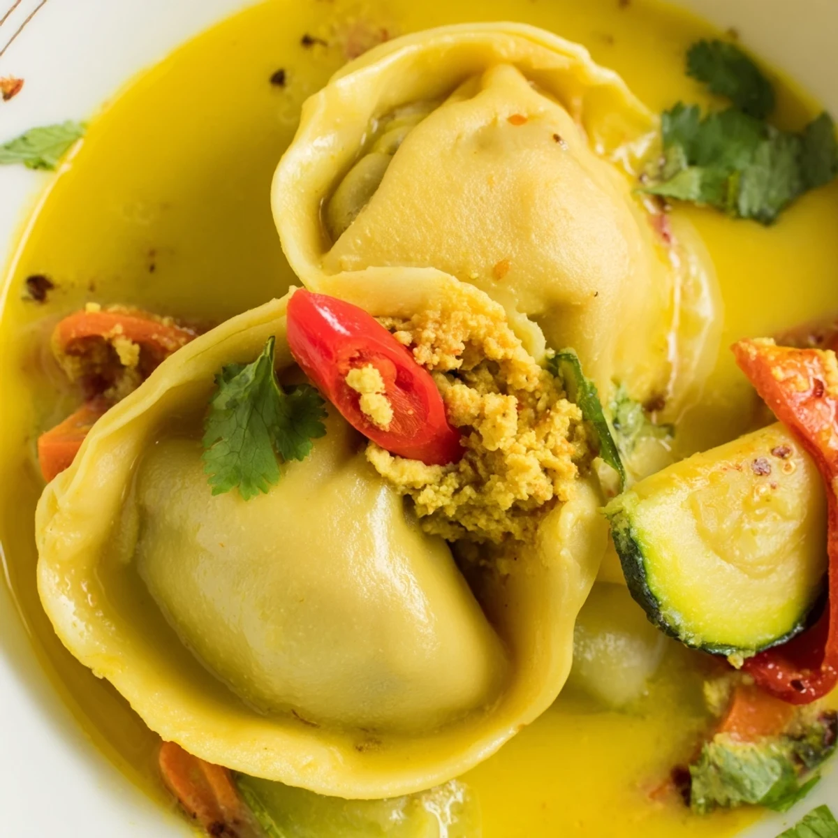 A close-up of Yellow Thai Curry Dumpling Soup in a white bowl, showcasing tender dumplings and colorful vegetables in a creamy, golden broth. The garnish of fresh cilantro and lime wedges adds a bright, zesty finish.