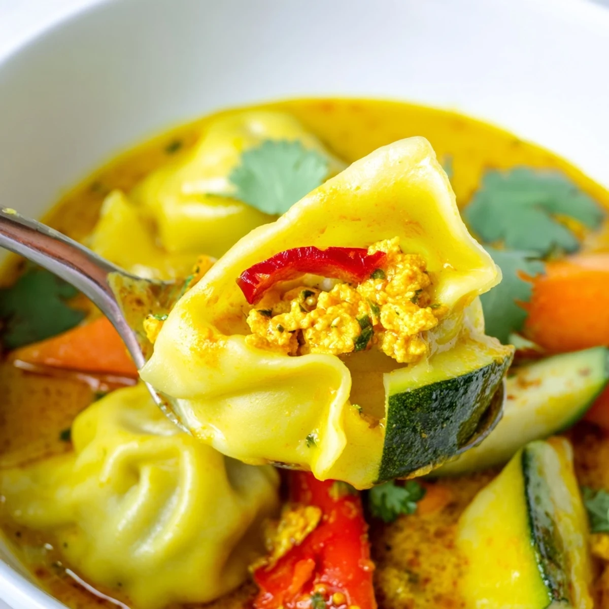 A bowl of Yellow Thai Curry Dumpling Soup garnished with fresh cilantro and lime wedges, highlighting the tender dumplings and colorful julienned carrots swimming in a rich, golden coconut curry broth.
