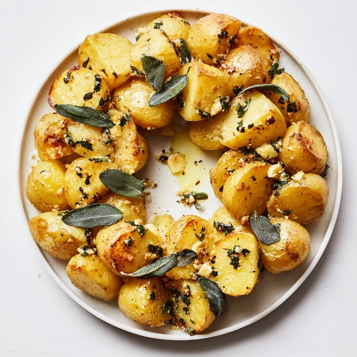 Golden roasted garlic potato wreath with crispy edges and fresh sage leaves, served as a festive centerpiece.