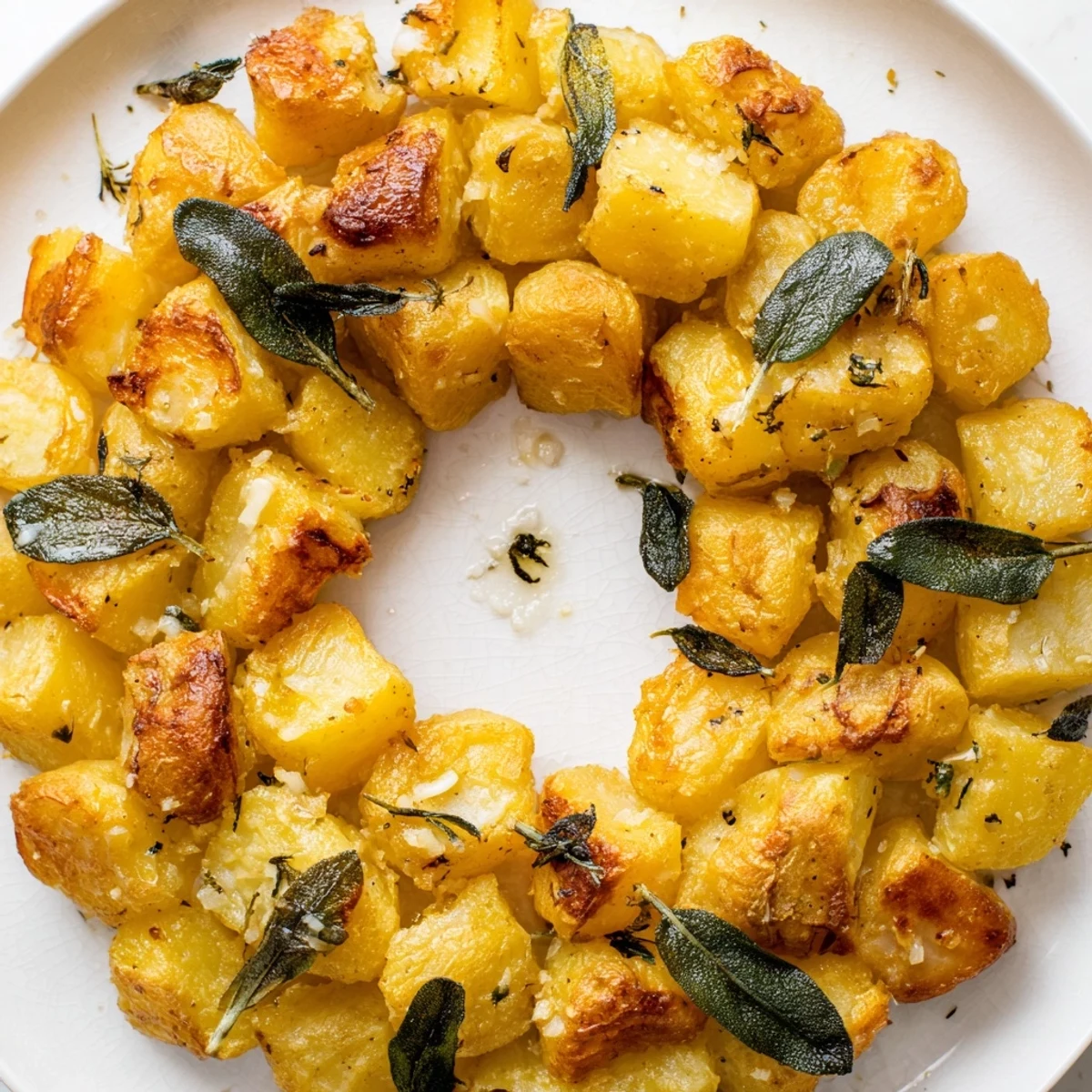 Whole roasted garlic potatoes forming a sage-scented wreath, drizzled with olive oil for a vegetarian side.
