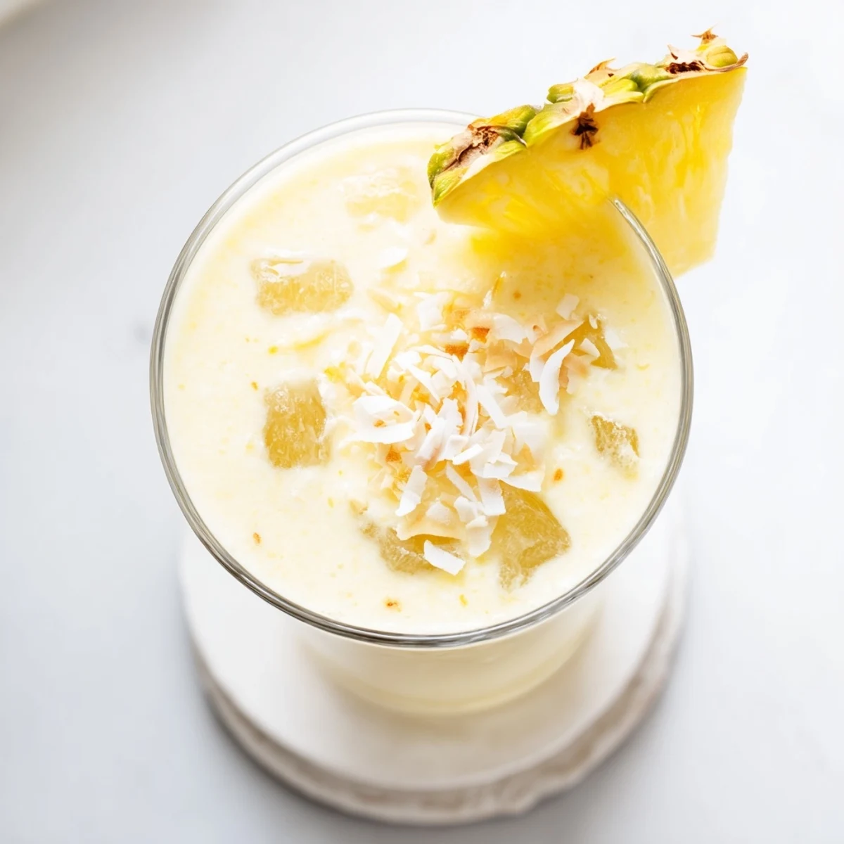 Close-up of creamy Pineapple Coconut Smoothie being poured into a glass, showcasing its tropical, refreshing texture.