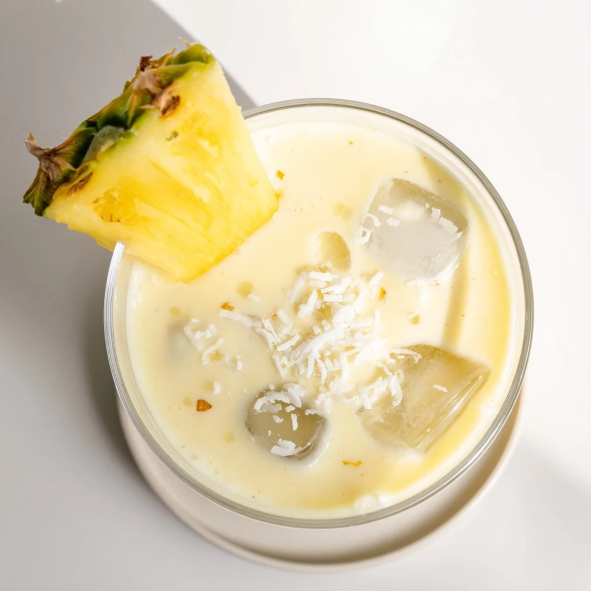 Healthy Pineapple Coconut Smoothie served chilled in a mason jar with fresh pineapple chunks and coconut shavings.