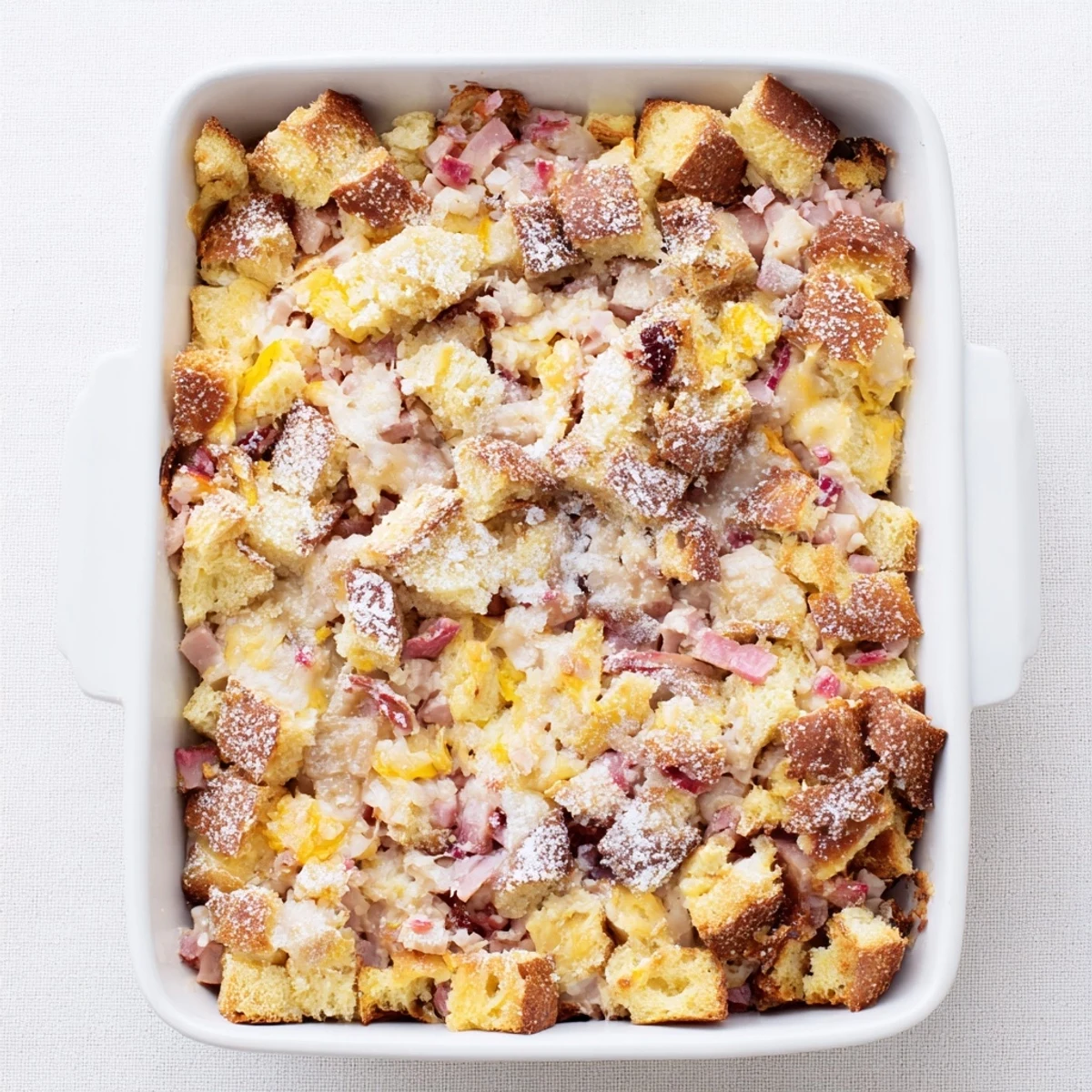 The powdered sugar-dusted top of the Monte Cristo Breakfast Casserole glistens beside a small bowl of raspberry preserves for dipping.