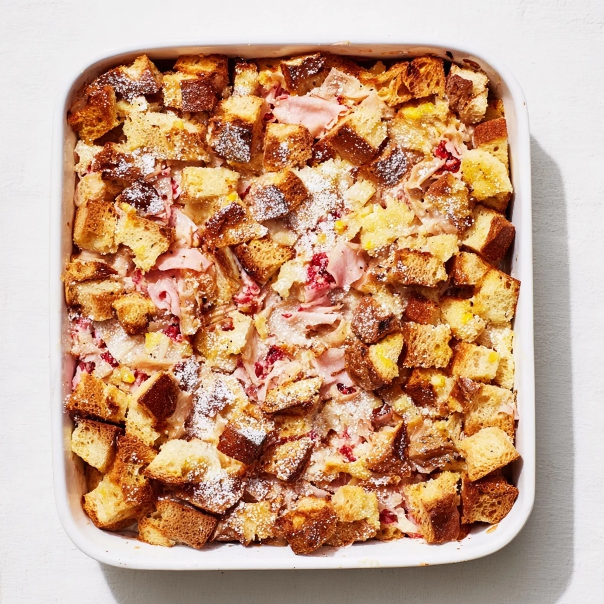 A close-up view shows the creamy egg custard coating the bread cubes in the Monte Cristo Breakfast Casserole, ready to serve.