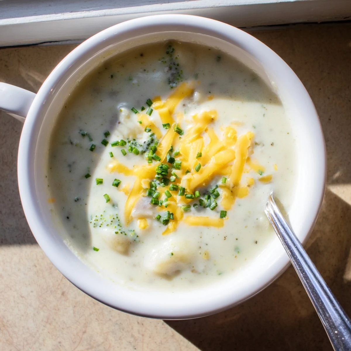 Close-up photo of Creamy Cheesy Broccoli Potato Soup showing the velvety blended texture and tender vegetable pieces.