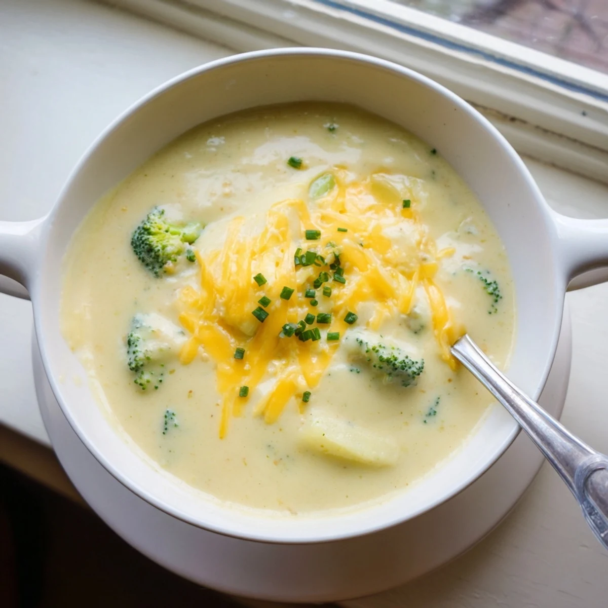 Creamy Cheesy Broccoli Potato Soup in a rustic bowl topped with extra shredded cheddar and fresh chives.