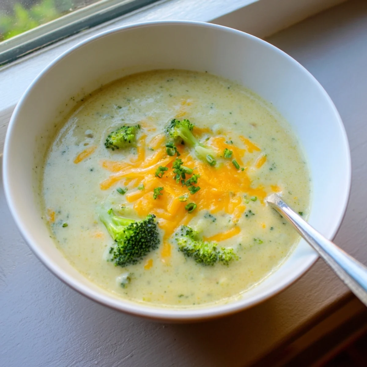 A steaming ladle of Creamy Cheesy Broccoli Potato Soup next to a slice of crusty bread for dipping.