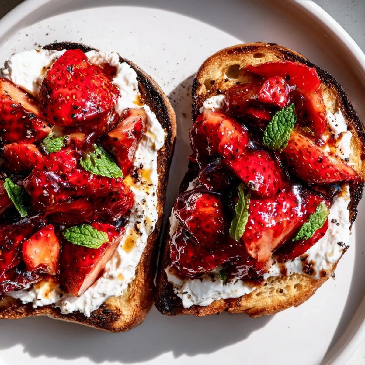 Golden-brown toasted sourdough slices are generously topped with creamy whipped ricotta and sweet, glistening roasted strawberries from this Roasted Strawberry Whipped Ricotta Toast recipe.
