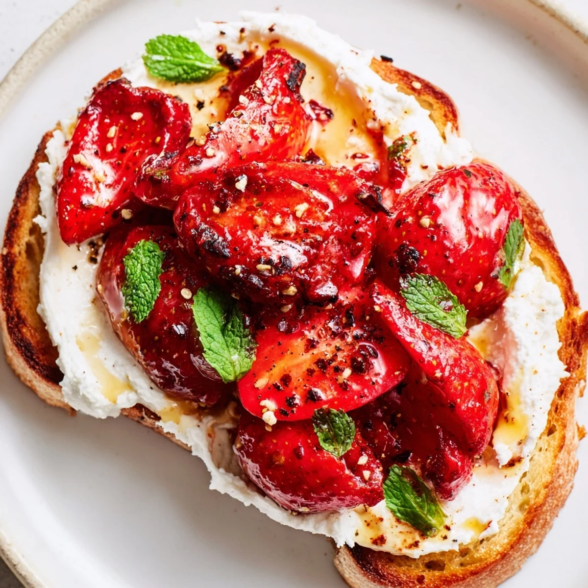 Freshly prepared Roasted Strawberry Whipped Ricotta Toast is plated alongside a glass of cold brew coffee, perfect for a bright American breakfast.