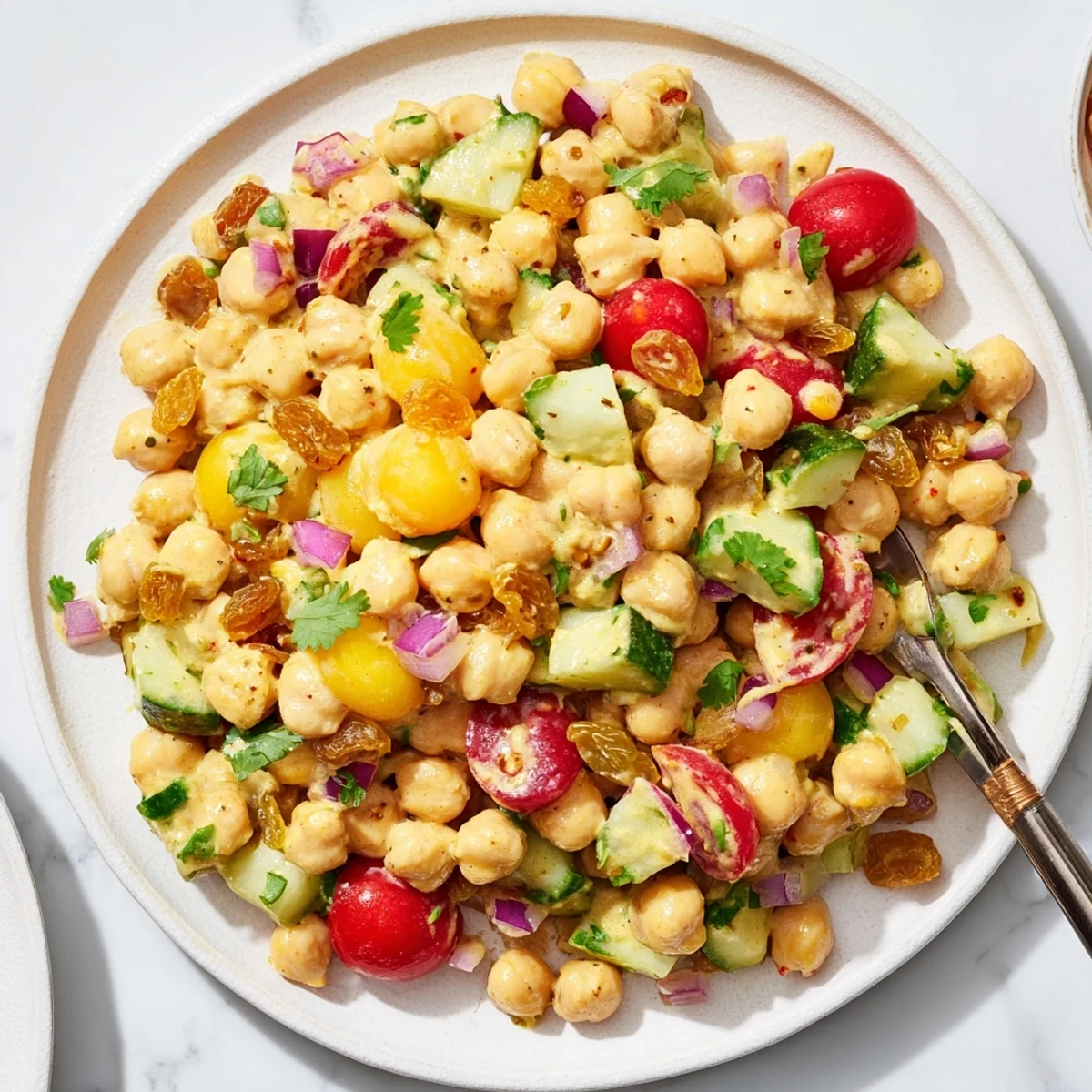 Fresh Curried Chickpea Salad with creamy dressing, cucumbers, tomatoes, and herbs served chilled.
