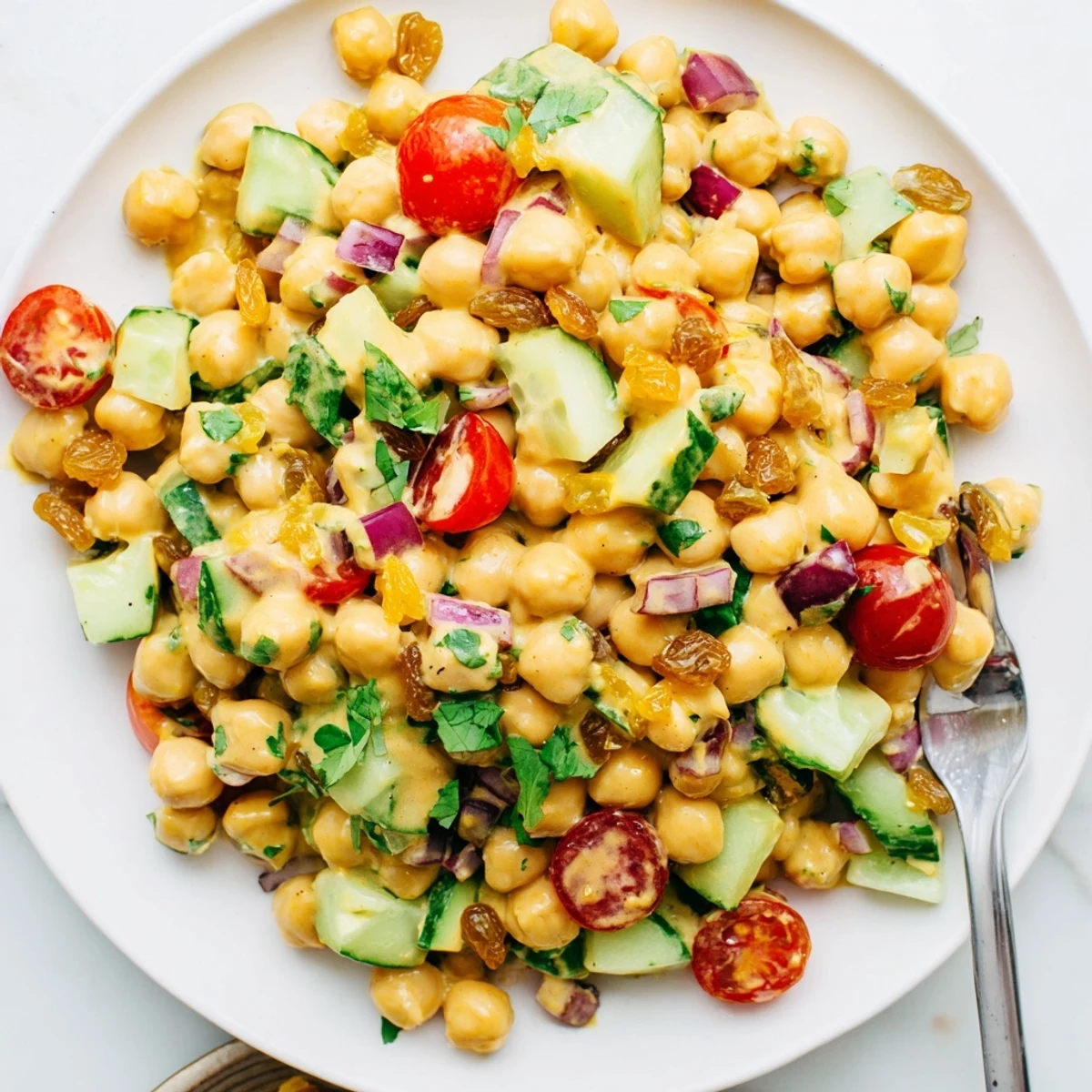 Vibrant Curried Chickpea Salad featuring crunchy veggies, golden raisins, and a light vegan dressing.