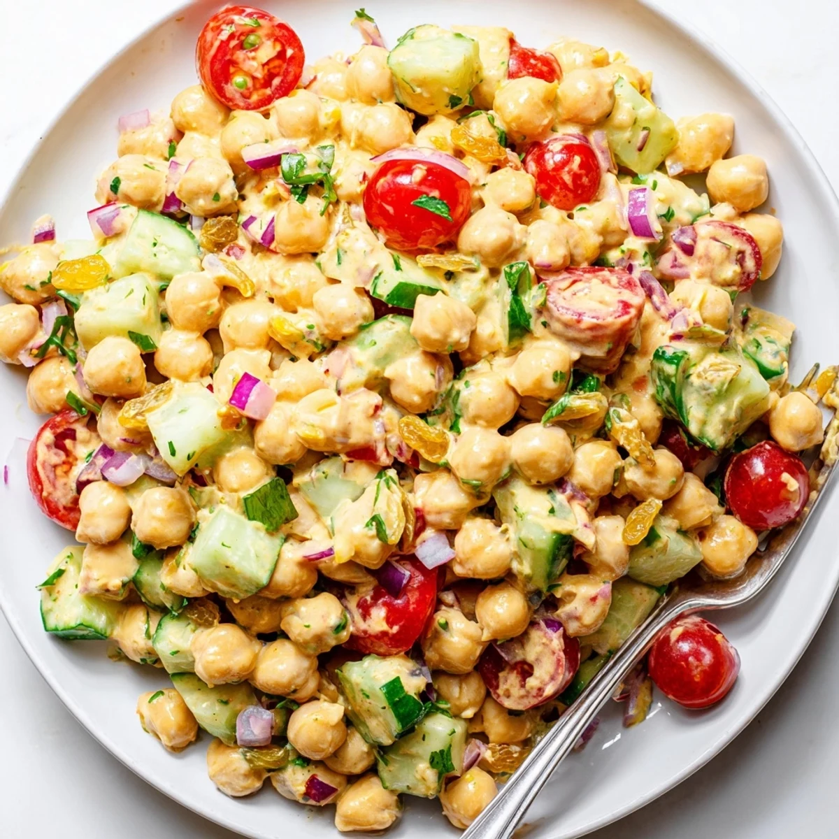 Colorful Curried Chickpea Salad in a white bowl with lemon wedges and naan bread.
