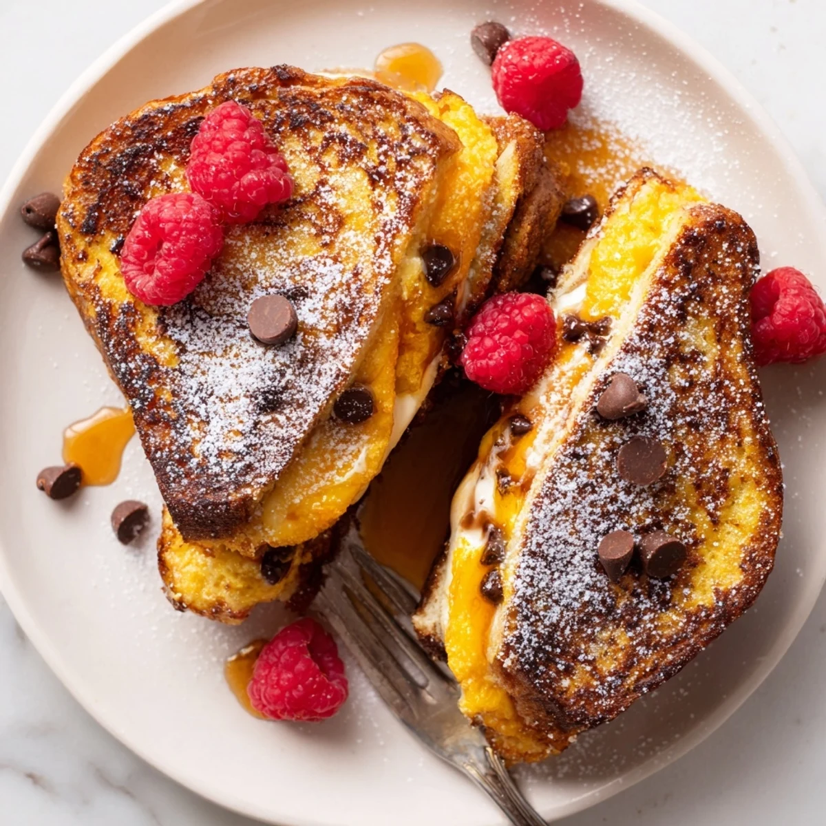 Golden slices of Decadent Cannoli Stuffed French Toast are topped with powdered sugar, fresh berries, and maple syrup on a rustic plate.