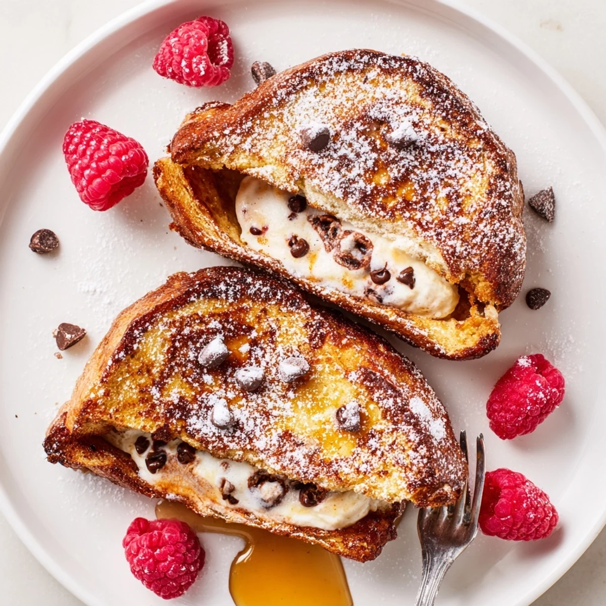 Thick brioche slices stuffed with creamy cannoli filling and chocolate chips, pan-fried until perfectly golden and ready for a delicious brunch.