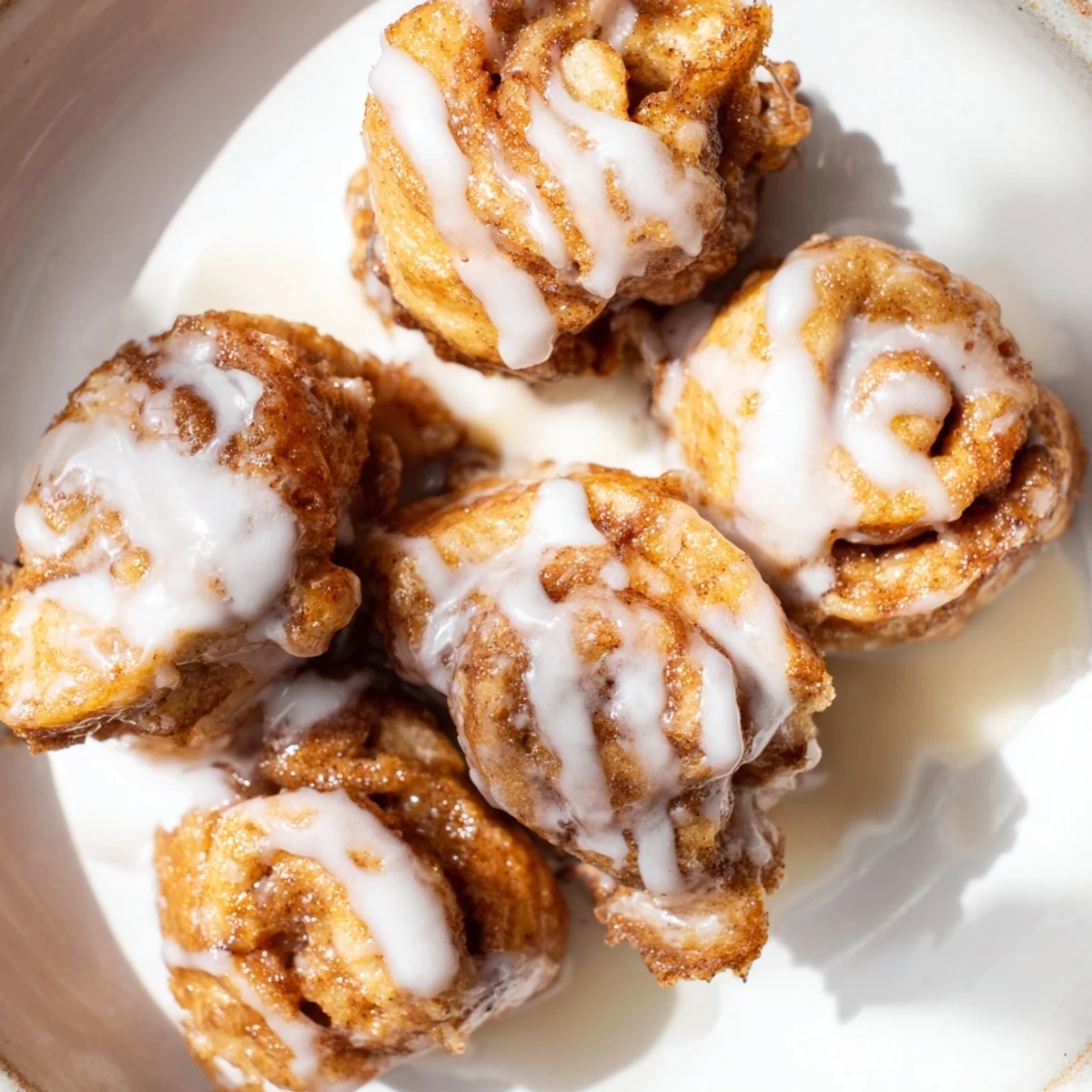 Golden brown Cinnamon Roll French Toast Bites topped with creamy white icing and fresh berries on a rustic plate.