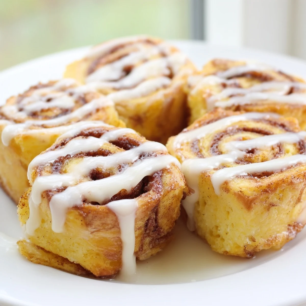 Freshly cooked Cinnamon Roll French Toast Bites stacked high, showing a soft custardy interior and crispy edges.