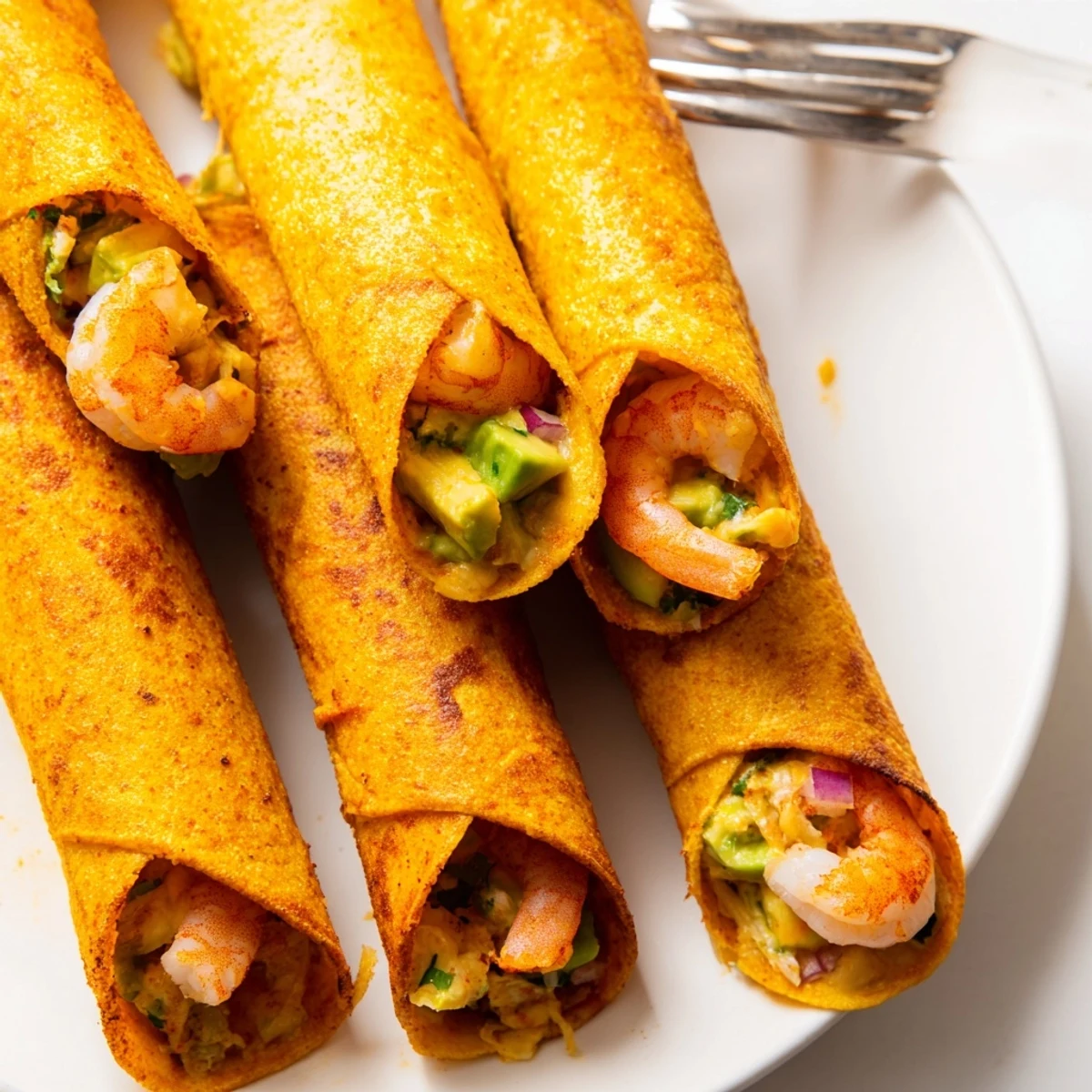 Golden, crispy Crispy Shrimp Avocado Taquitos filled with succulent shrimp and creamy avocado on a rustic plate.