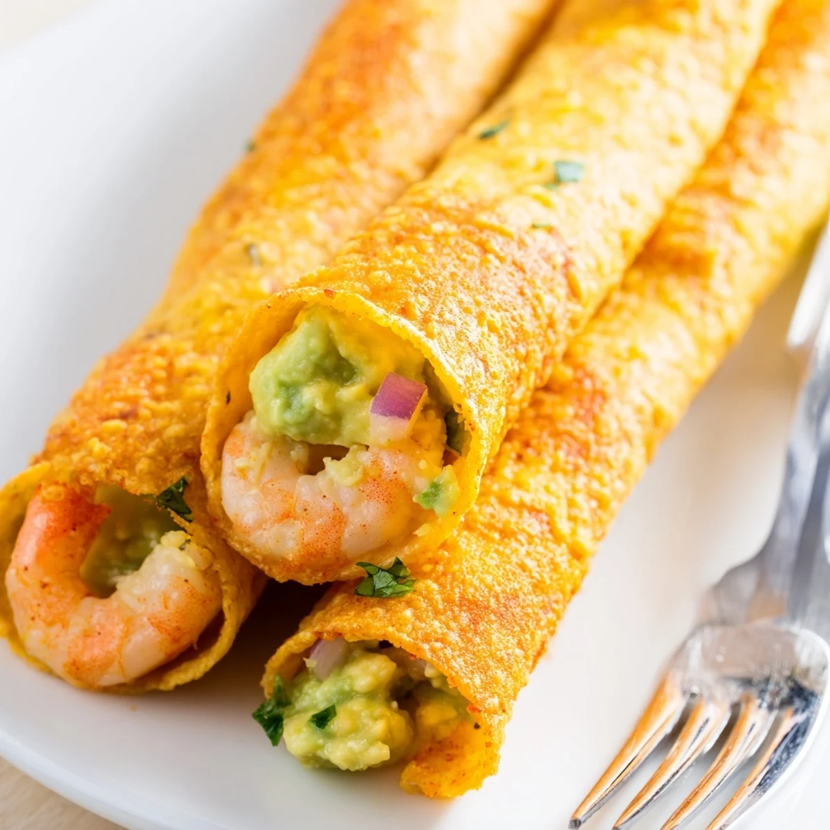 A close-up shows fried Crispy Shrimp Avocado Taquitos with zesty spices, lime wedges, and fresh cilantro.