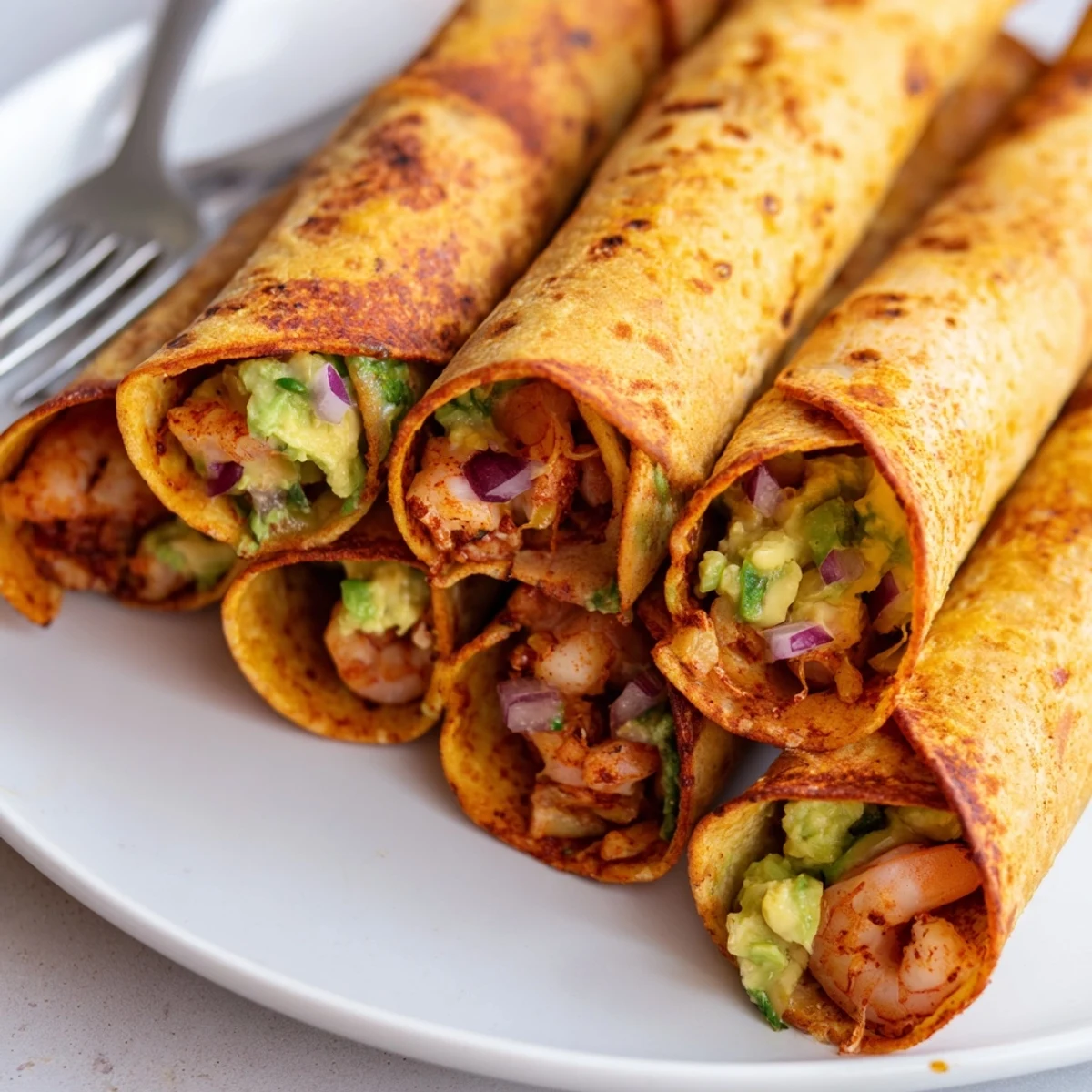 Serve Crispy Shrimp Avocado Taquitos with salsa and sour cream for a vibrant Mexican-inspired appetizer.