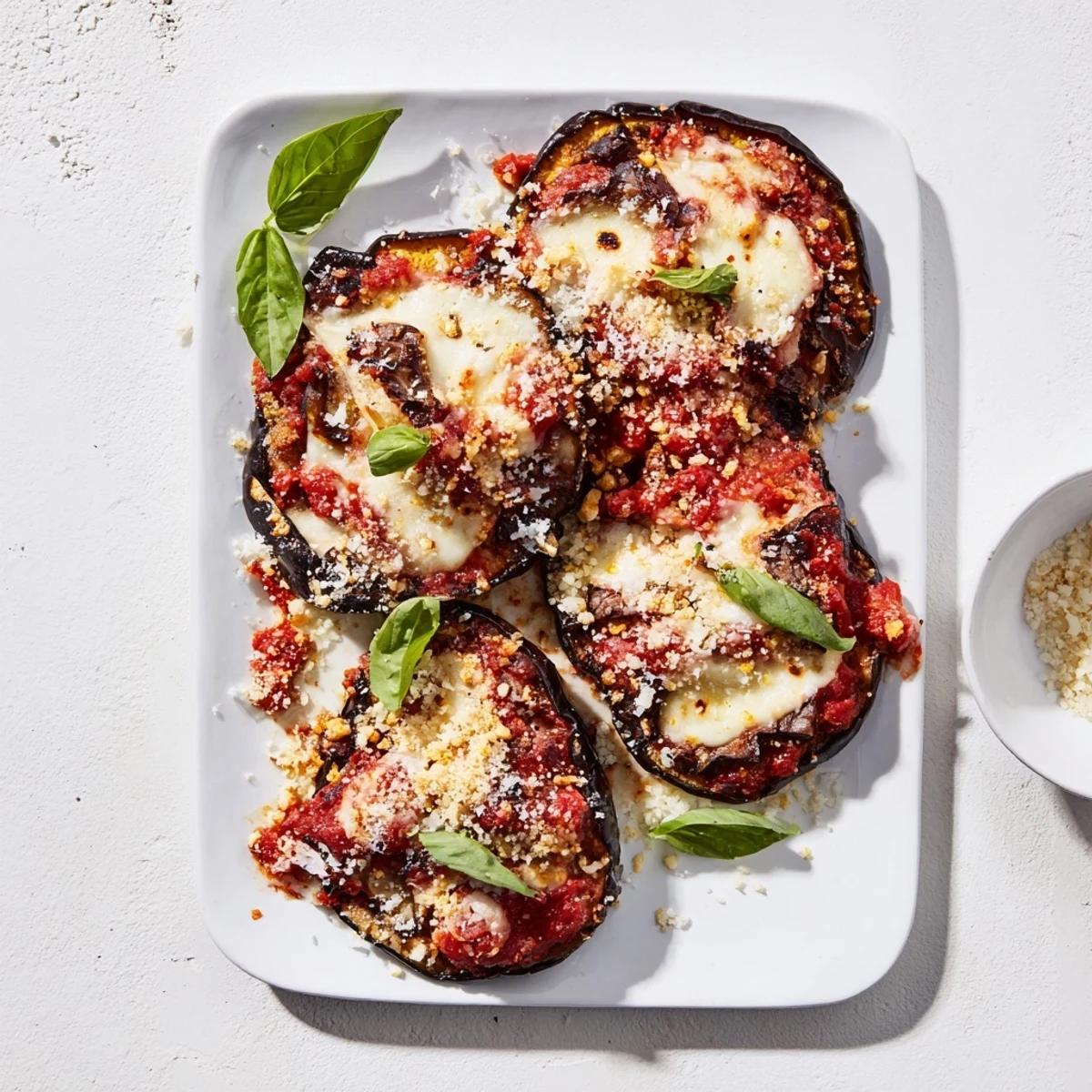 The finished Charred Aubergine Parmigiana shows bubbling mozzarella and golden Parmesan topping on layers of smoky eggplant.