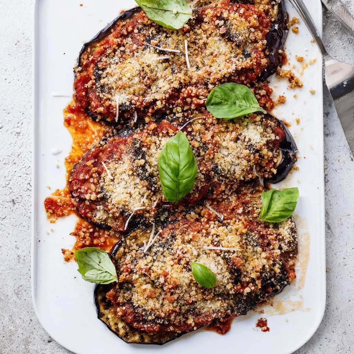 This hearty Charred Aubergine Parmigiana features rich tomato sauce, perfect for a comforting vegetarian main dish.