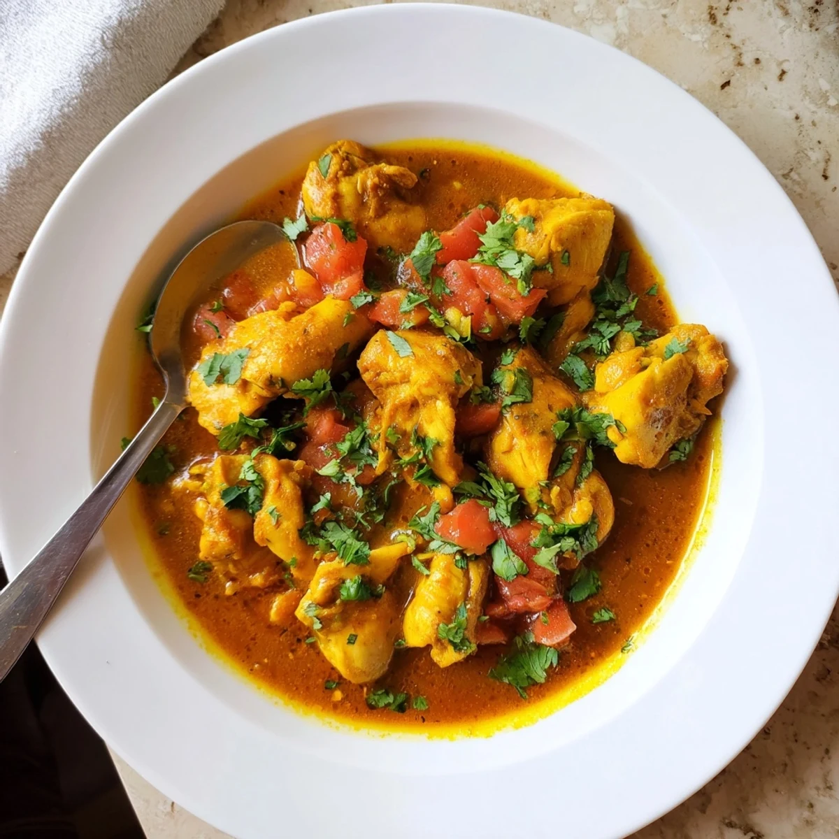 A close-up of Spiced Chicken Curry with Ginger, Garlic & Jalapeño simmering in a skillet, garnished with fresh cilantro and served beside fluffy rice.