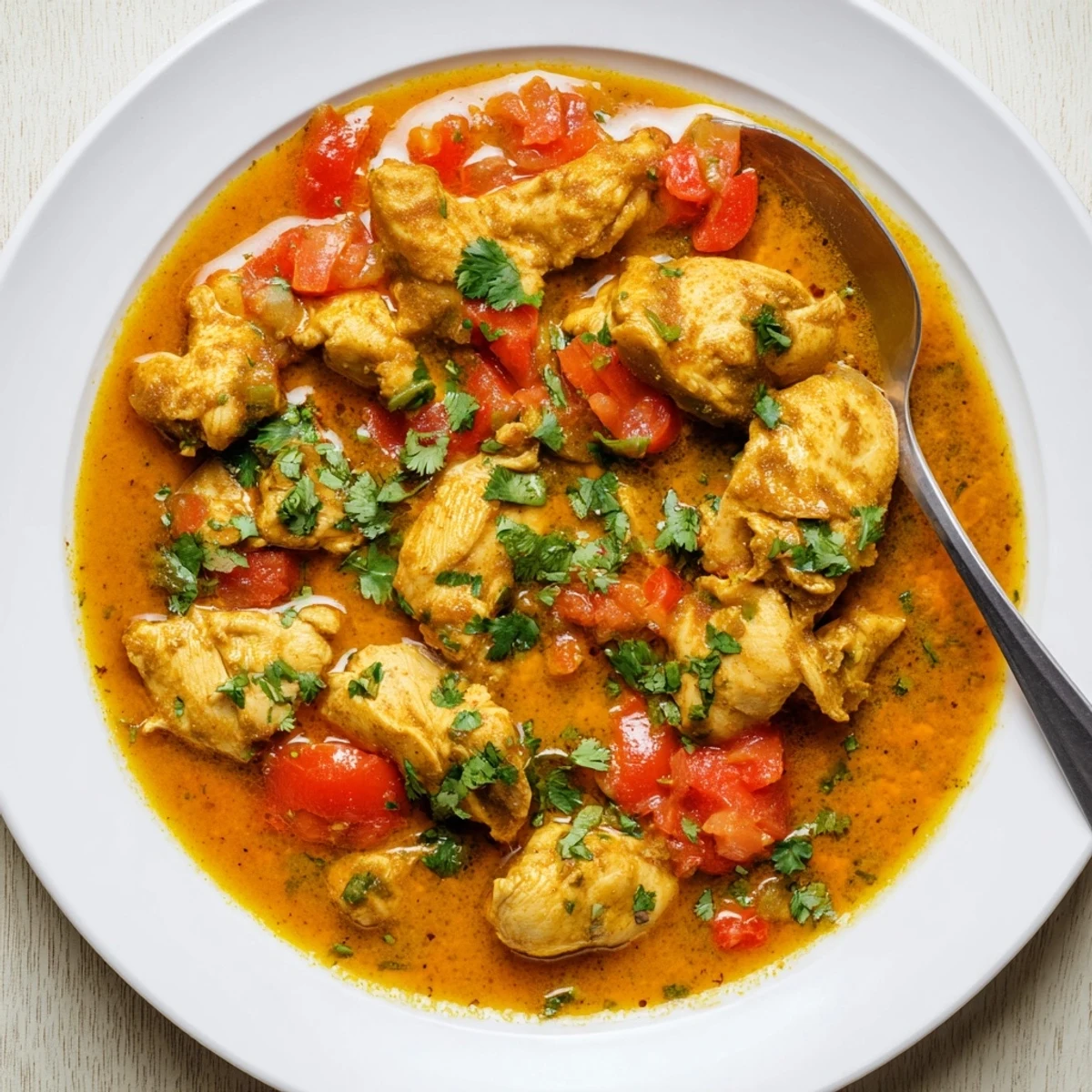 A vibrant serving of Spiced Chicken Curry with Ginger, Garlic & Jalapeño in a white bowl, steam rising and jalapeños visible.