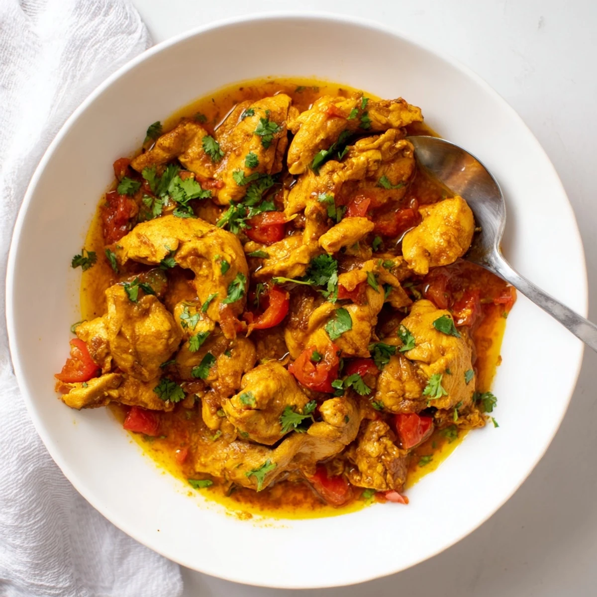Spiced Chicken Curry with Ginger, Garlic & Jalapeón over steamed basmati rice, garnished with cilantro and a lime wedge on the side.