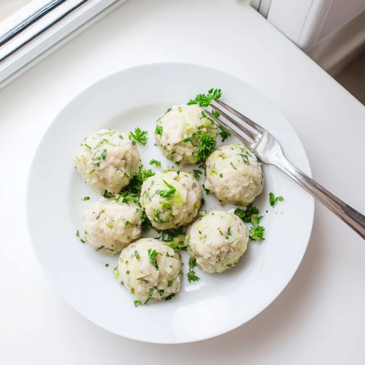 A close view of German Cabbage Dumplings garnished with parsley, plated beside creamy mushroom sauce for a hearty meal.