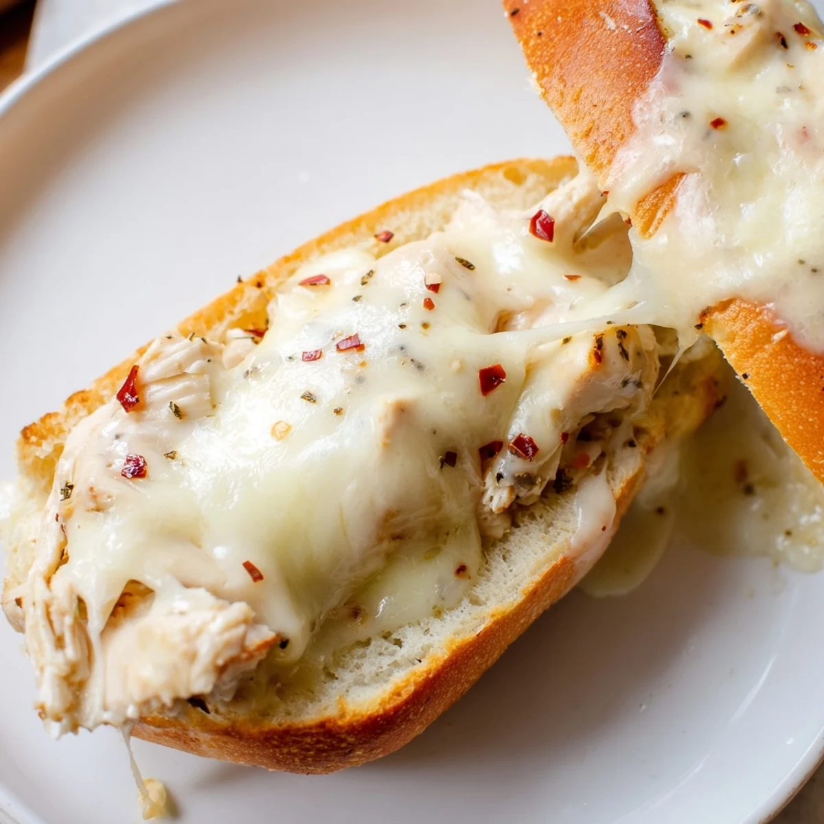 Creamy chicken Alfredo garlic bread with melted cheese and golden crust ready to serve warm.