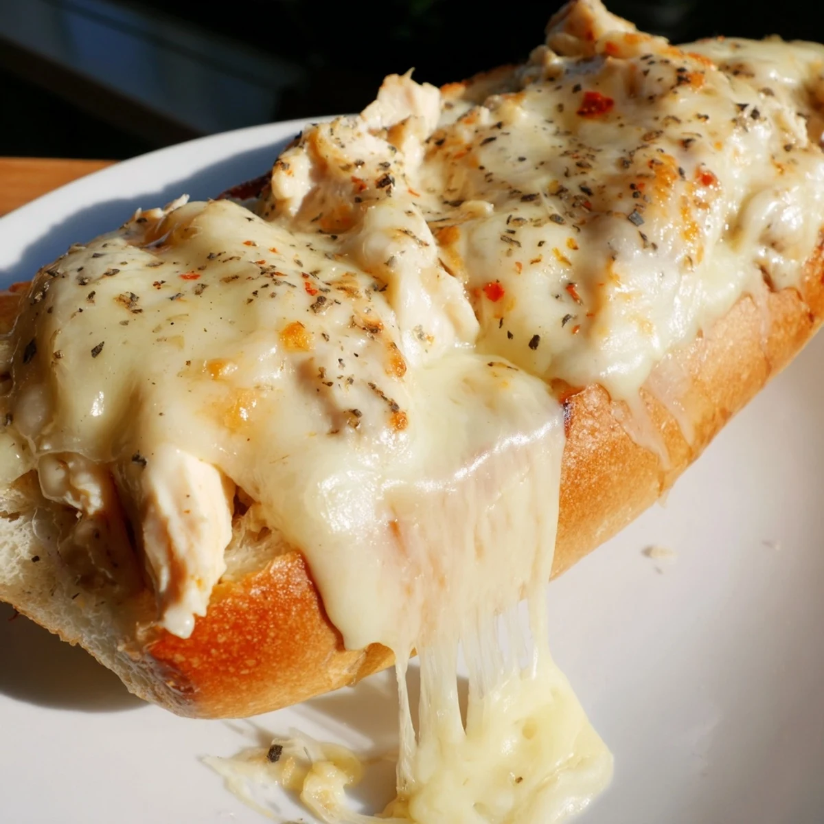 Golden cheesy Viral Chicken Alfredo Garlic Bread sliced on a wooden board for appetizer.