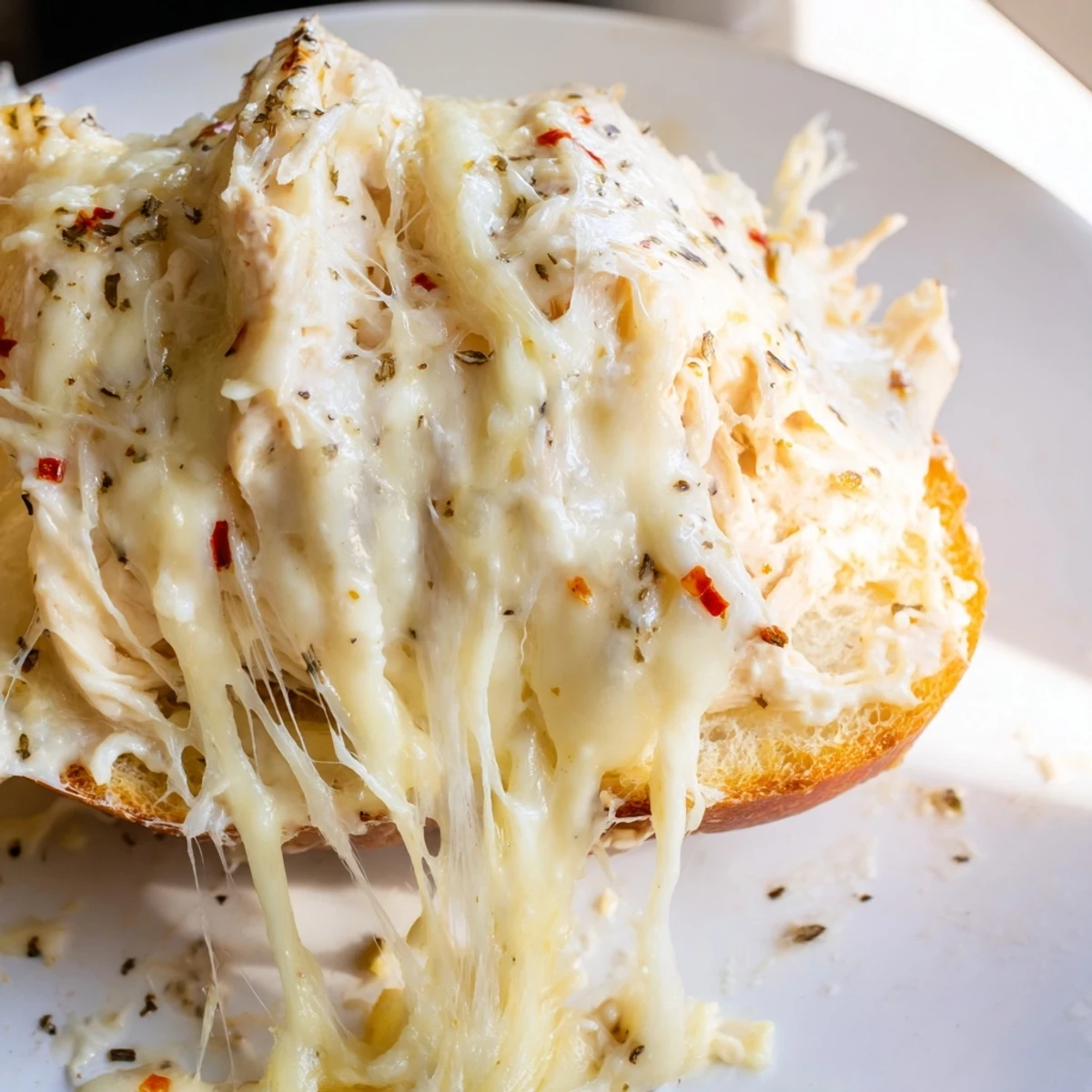 Savory Viral Chicken Alfredo Garlic Bread bubbling with Alfredo sauce and herbs on baking sheet.
