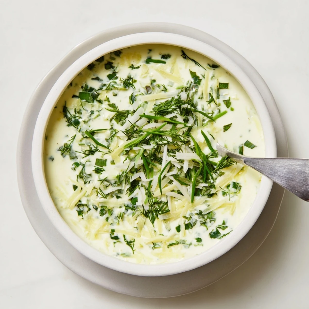 A bowl of Simple Easter Herb Cheese Dip garnished with fresh chives and radish slices, perfect for spring gatherings.