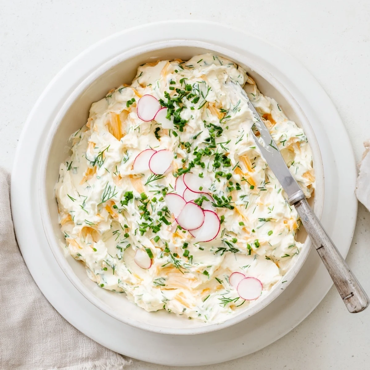 Simple Easter Herb Cheese Dip in a ceramic bowl topped with dill and parsley, ready for Easter celebrations.