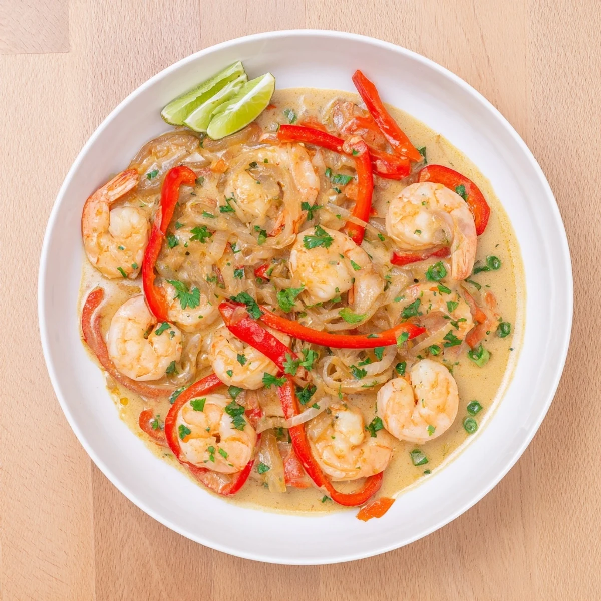 Creamy Coconut Shrimp Buffet Style in a velvety sauce, garnished with cilantro and lime wedges on a platter.