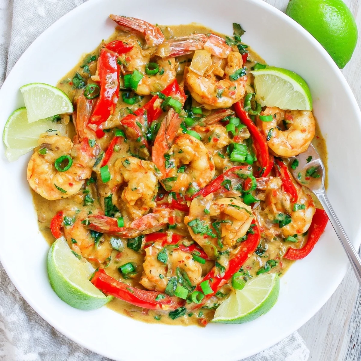 A close-up of Creamy Coconut Shrimp Buffet Style with vibrant peppers and onions, ready to serve at a gathering.