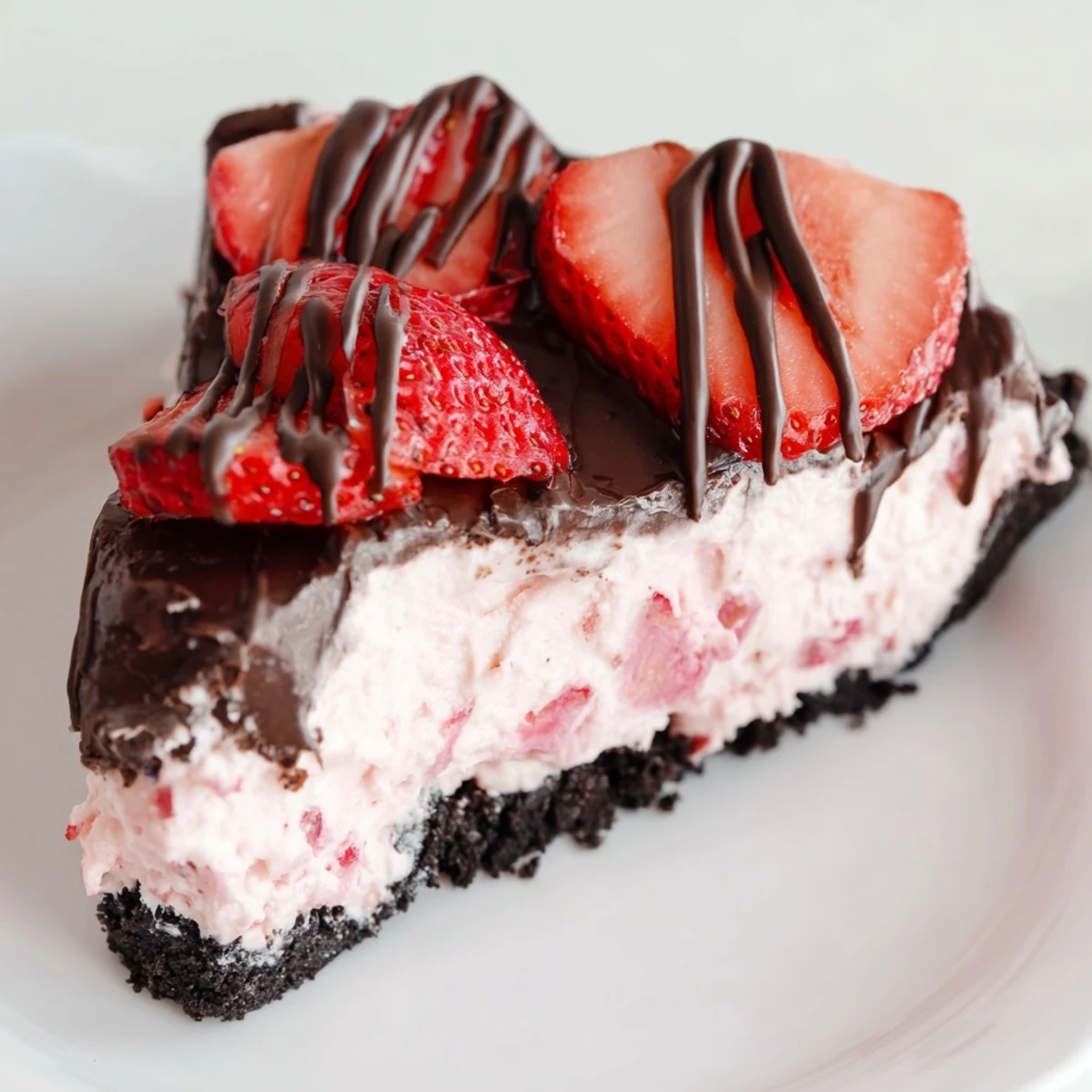 A slice of Chocolate Covered Strawberry Cheesecake with a rich chocolate ganache and fresh strawberry halves on top.