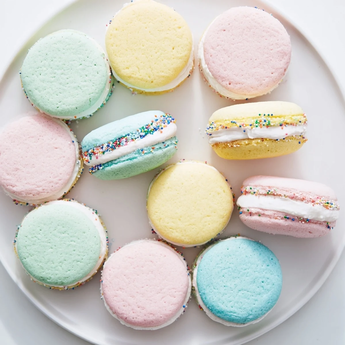A close-up of pastel sugar cookie sandwiches on a pastel plate, showing the soft texture and rich vanilla buttercream center.