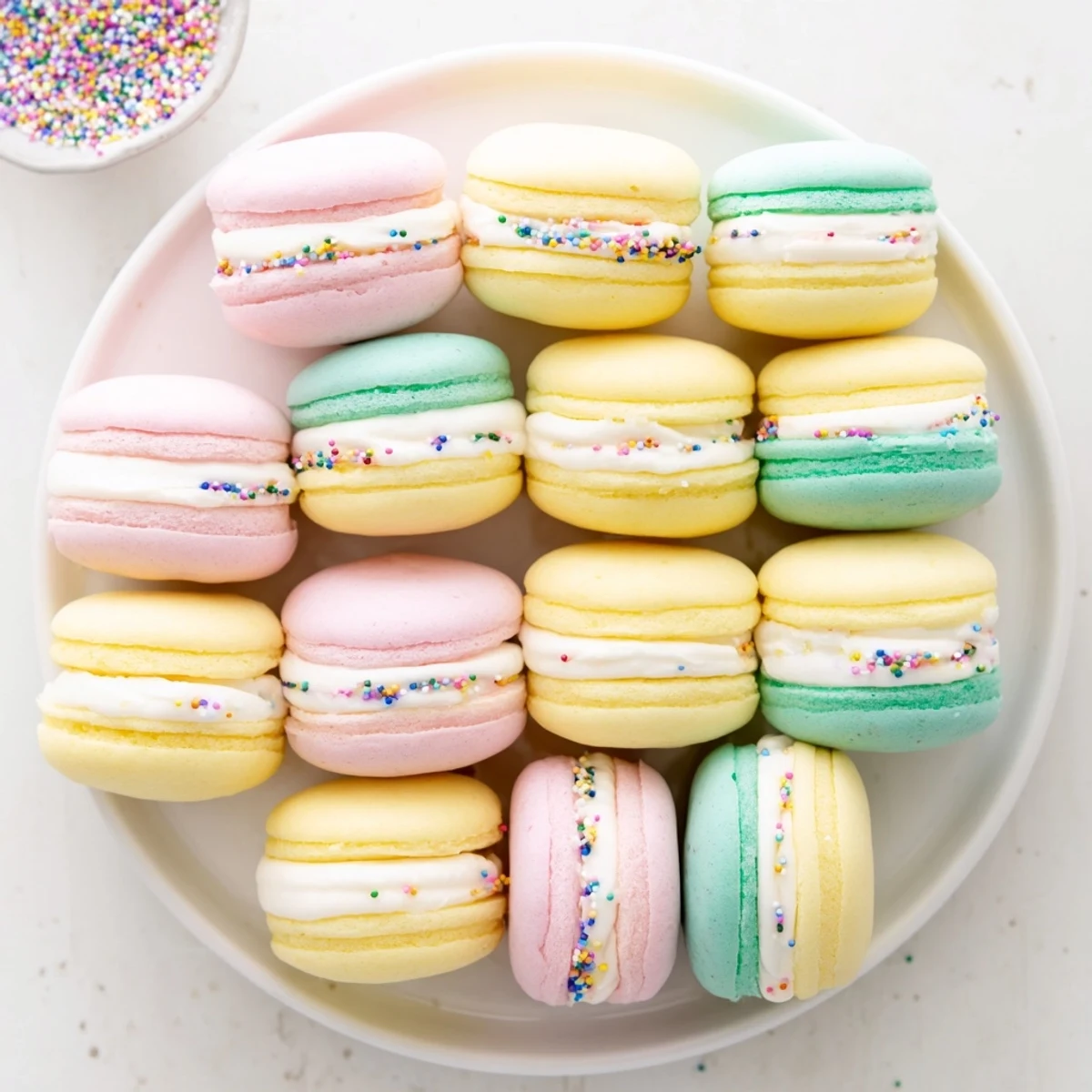 Pastel sugar cookie sandwiches arranged for an Easter dessert spread, with sprinkles and a glass of milk for serving.
