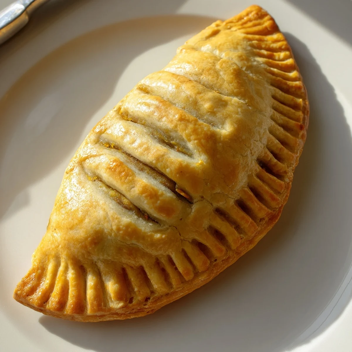 Flaky, golden pastry hand pies filled with creamy tikka masala vegetables, served warm on a rustic plate.