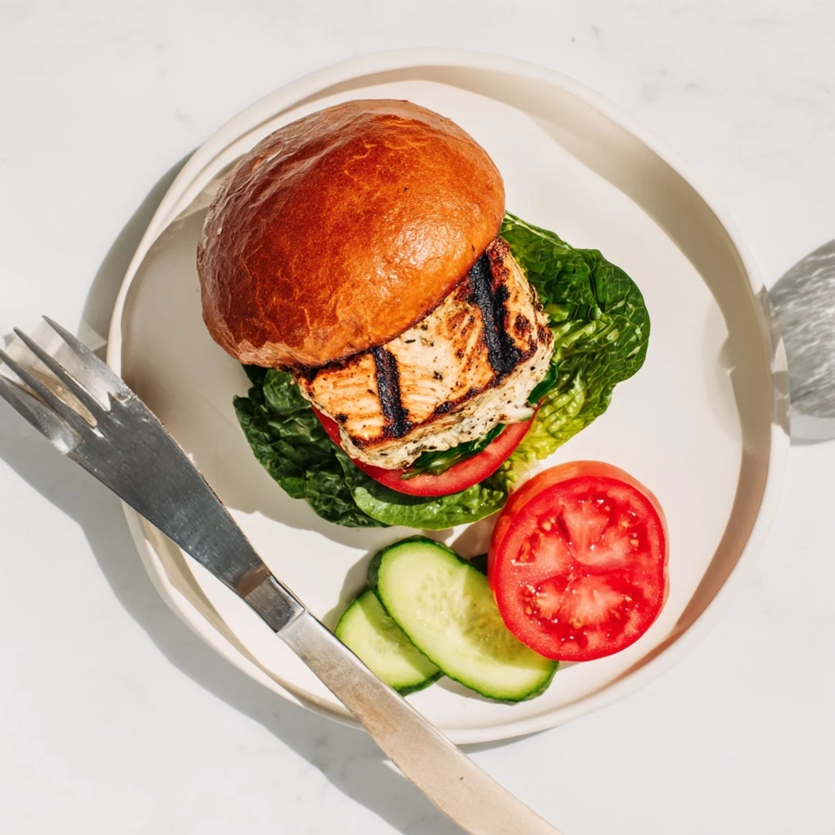Grilled cos lettuce and flaky barramundi stacked in a burger with bright, spicy grilled lemon jalapeño tartare sauce.