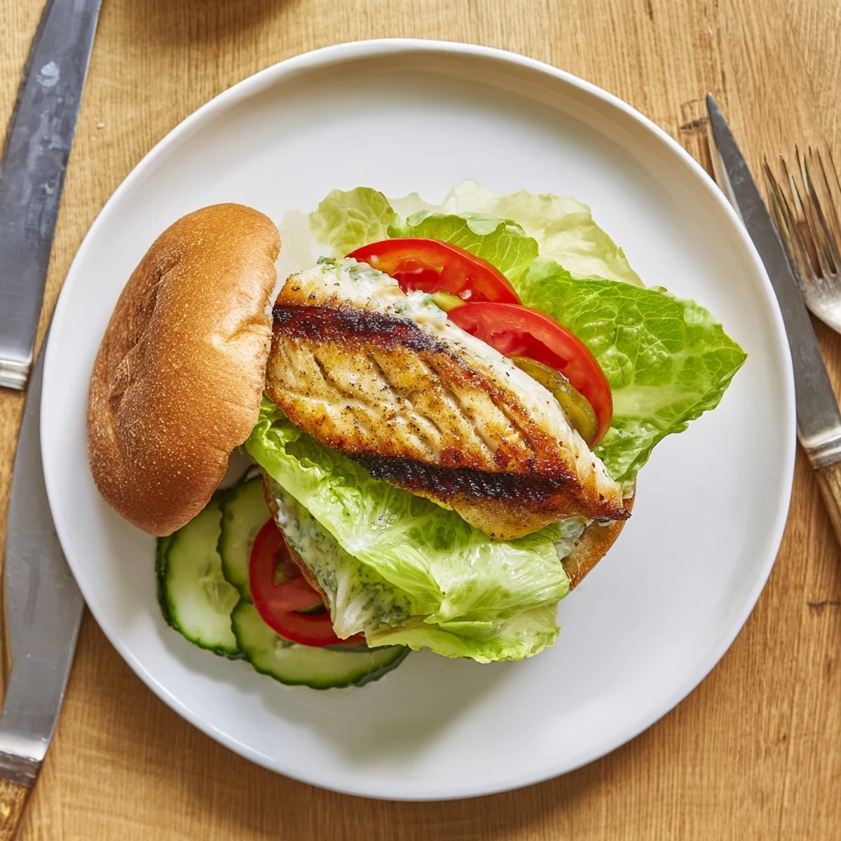 Smoky grilled barramundi fillet topped with charred cos lettuce and a zesty lemon jalapeño tartare on a toasted bun.