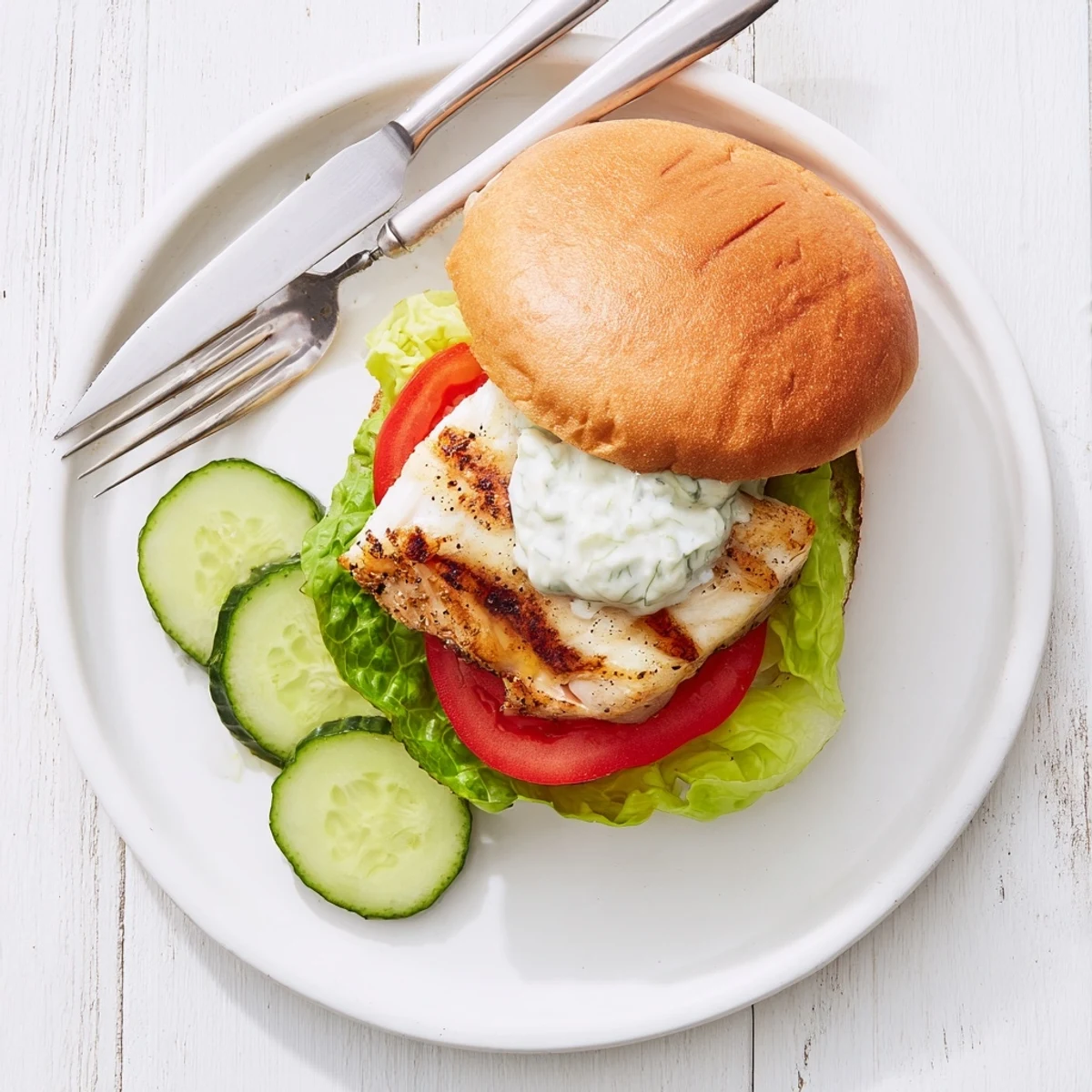 Assembled BBQ barramundi burger featuring juicy fish, crisp romaine, and tangy jalapeño tartare served with grilled lemon.