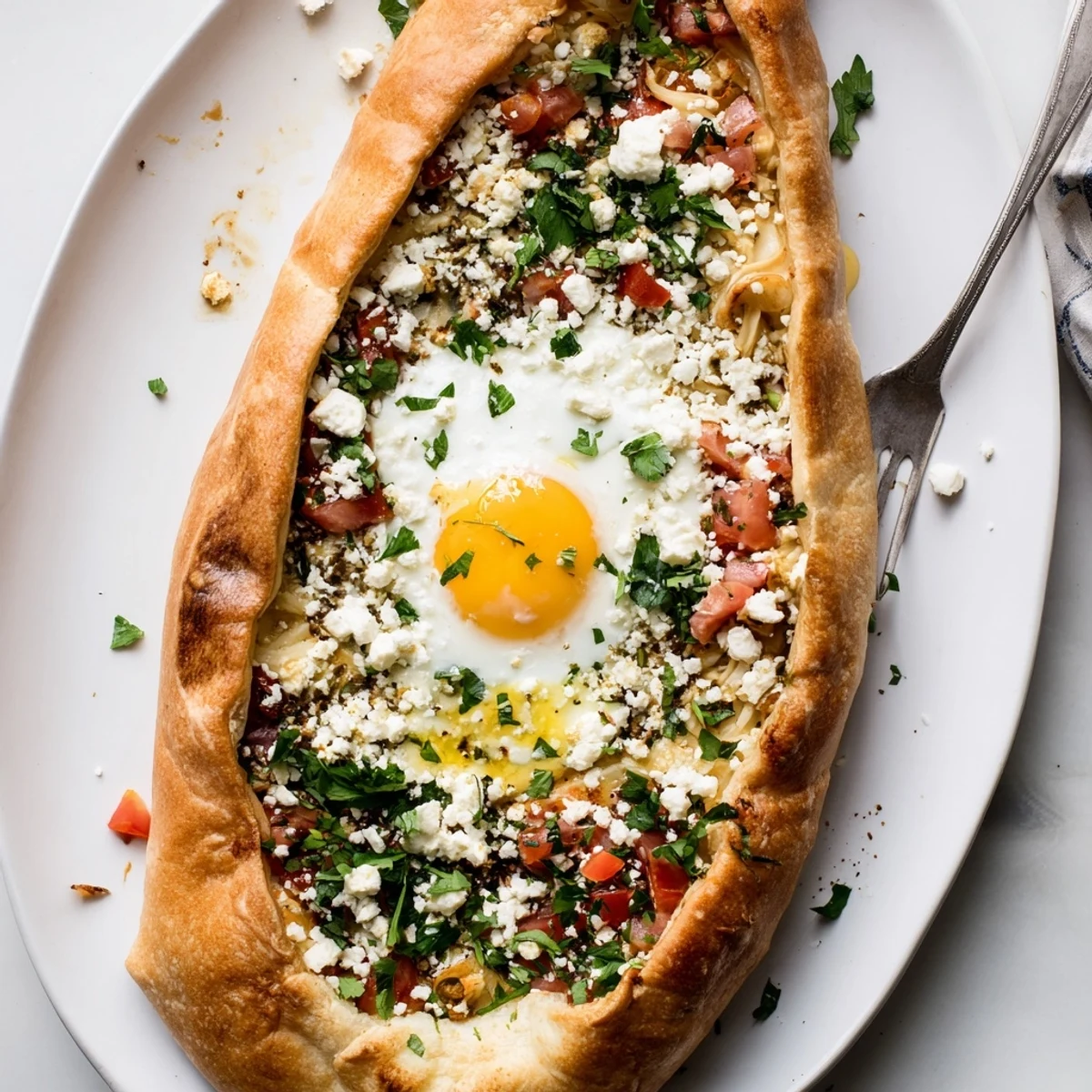 Freshly baked Turkish Pide with egg, tomato, and cheese featuring a golden boat-shaped crust and a vibrant runny yolk.