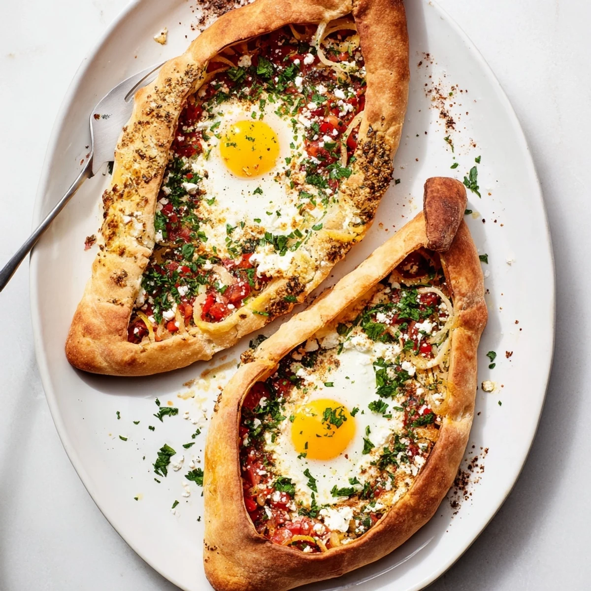A close-up of Turkish Pide with egg, tomato, and cheese served warm, revealing melted feta and mozzarella on a rustic platter.