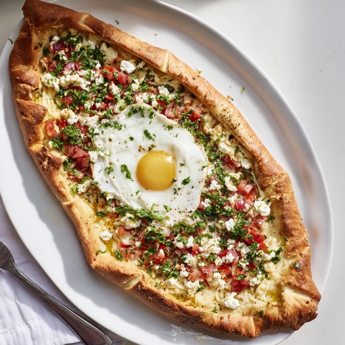 Golden-brown Turkish Pide with egg, tomato, and cheese topped with fresh parsley and a perfectly baked sunny-side-up egg.