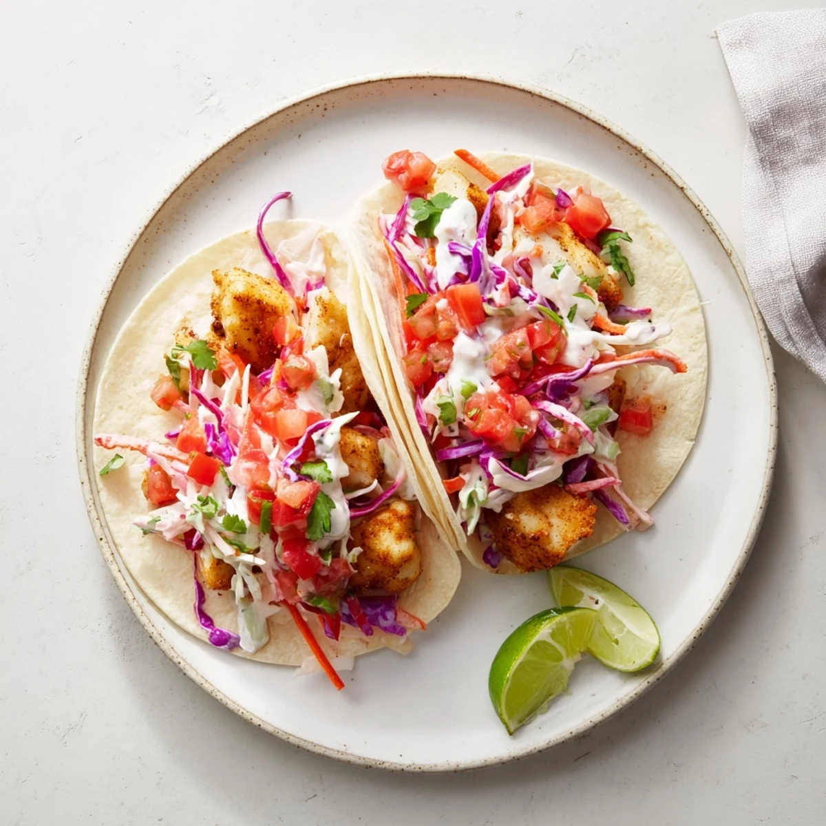 Flaky grilled Barramundi Tacos with rainbow slaw and zesty salsa, served warm with lime wedges for a fresh taco night.