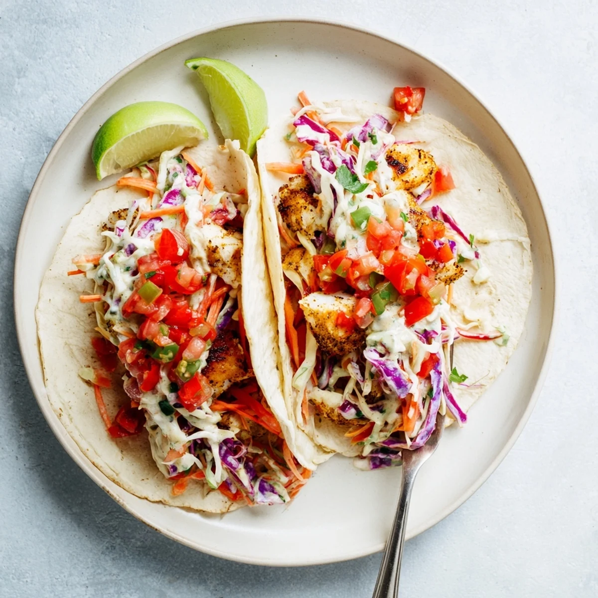 A close-up of Barramundi Tacos topped with crunchy rainbow slaw and chunky salsa, ready to serve on a platter.